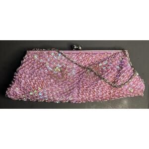 Purple Beaded Sequin Clutch Evening Bag with Silver Chain Strap, Kiss Lock